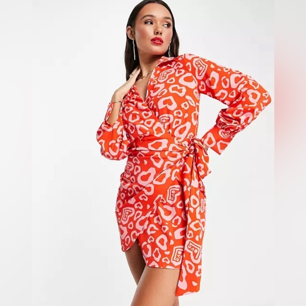 Red & Pink Never Fully Dressed Wrap Shirt Mini Dress | US Size Large